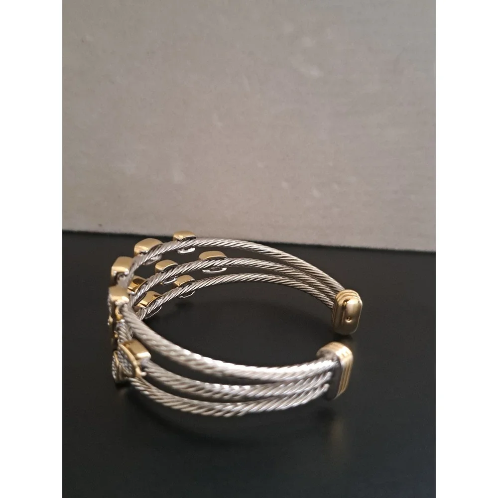Womens Two Tone Triple Row Cable Cuff Bracelet Pave Crystal Stations Silver Gold